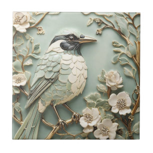 Art Nouveau Faux Relief Right Magpie Bird Mint Tile