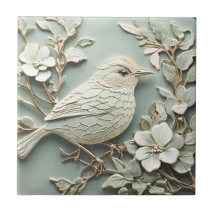 Art Nouveau Faux Relief Right Wren Bird Mint Tile