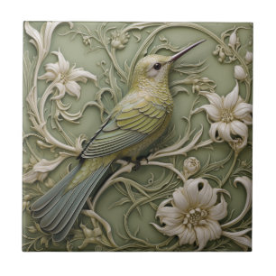 Art Nouveau Faux Relief Sage Green Hummingbird Tile