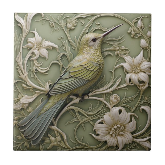 Art Nouveau Faux Relief Sage Green Hummingbird Tile (Front)