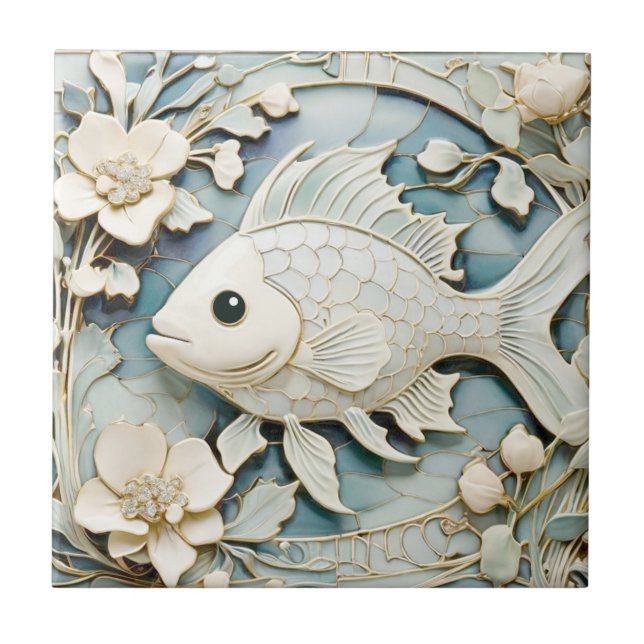 Art Nouveau Faux Relief Sea Ocean Fish Left facing Tile (Front)