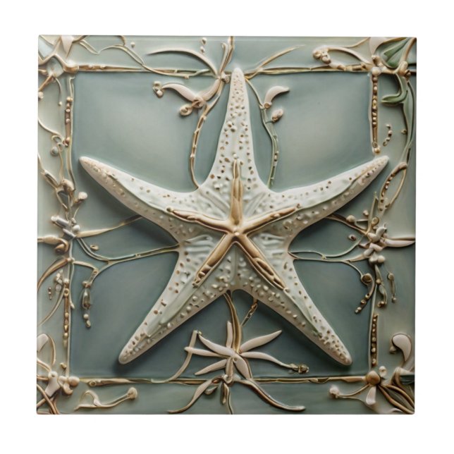 Art Nouveau Faux Relief Starfish Sea Star Marine Tile (Front)