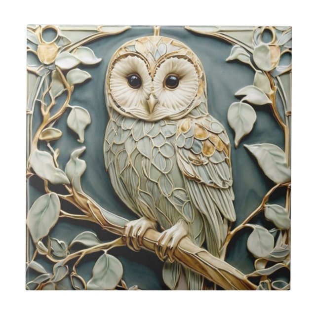 Art Nouveau Faux Relief Tawny Owl Woodland Bird Tile (Front)