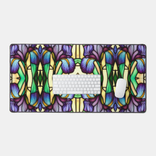 Art Nouveau Faux Stained Glass Purple Iris Flowers Desk Mat