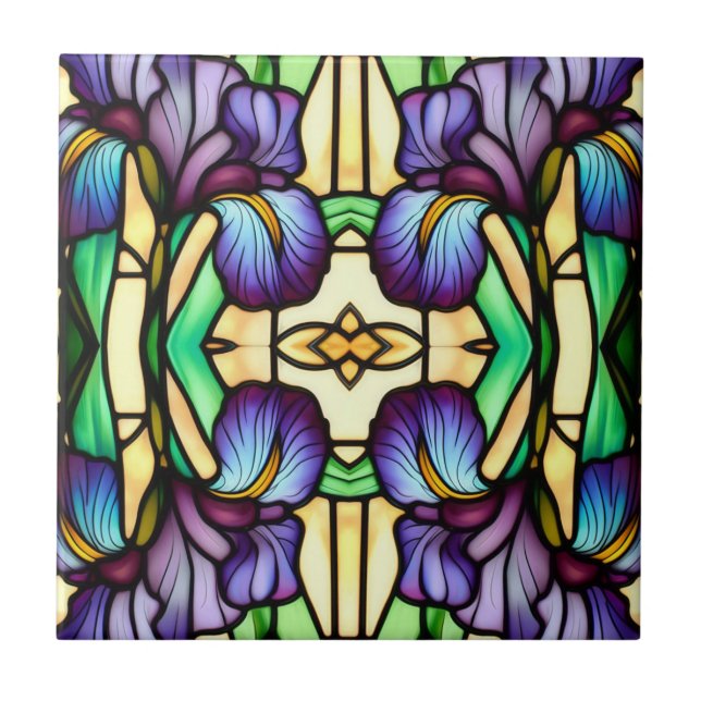Art Nouveau Faux Stained Glass Purple Iris Flowers Tile (Front)