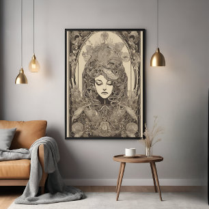 Art Nouveau Female Portrait Intricate Floral Art Poster