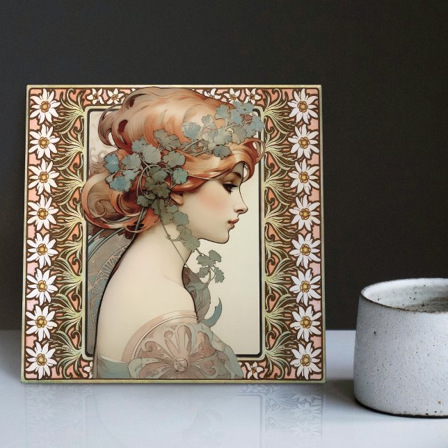 Art Nouveau Female Portrait Mucha Edelweiss Flower Tile (Creator Uploaded)
