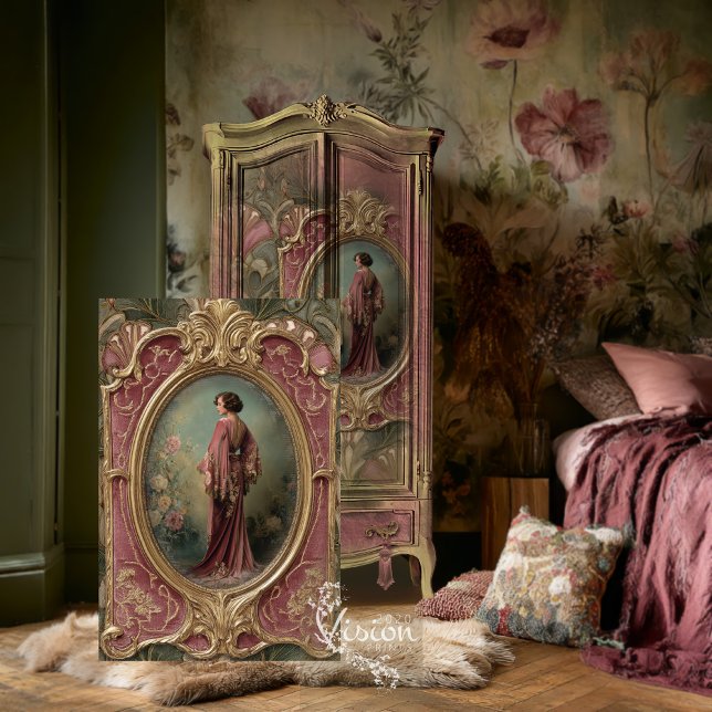 Art Nouveau Flapper Rose Gown Gold Portrait Tissue Paper (Art nouveau portrait design on pink gold French armoire dark floral bedroom wallpaper)