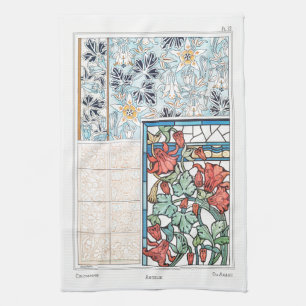 Art nouveau floral and tile art verneuil red blue tea towel