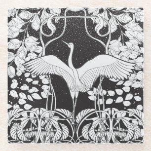 Art Nouveau: Floral Bird Illustration Glass Coaster