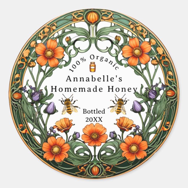 Art Nouveau Floral Boarder Homemade Honey  Classic Round Sticker (Front)