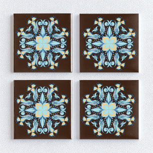 Art Nouveau Floral Ceramic Tile in Chocolate Brown