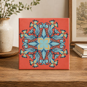 Art Nouveau Floral Ceramic Tile in Coral Pink