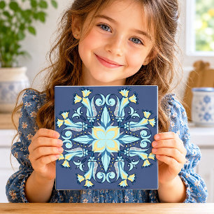 Art Nouveau Floral Ceramic Tile in Midnight Blue