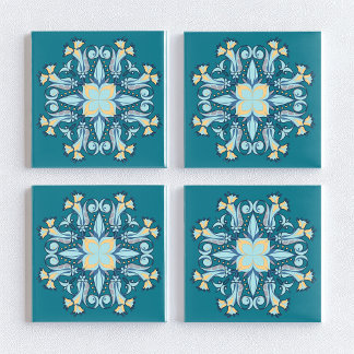 Art Nouveau Floral Ceramic Tile in Peacock Teal