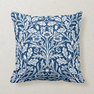 Art Nouveau Floral Damask, Cobalt Blue and White Cushion