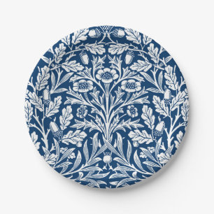 Art Nouveau Floral Damask, Cobalt Blue and White Paper Plate