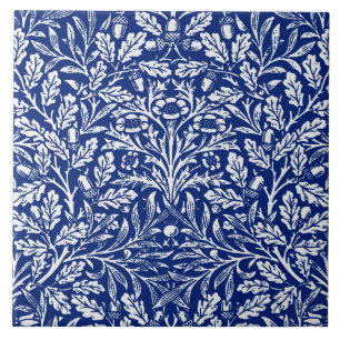 Art Nouveau Floral Damask, Cobalt Blue and White  Tile