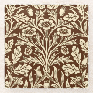Art Nouveau Floral Damask, Dark Brown and Beige Glass Coaster