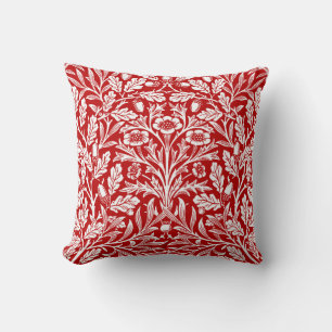 Art Nouveau Floral Damask, Dark Red and White Cushion