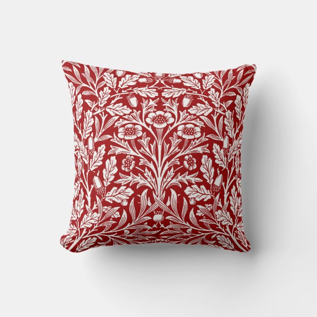 Art Nouveau Floral Damask, Dark Red and White Cushion (Front)