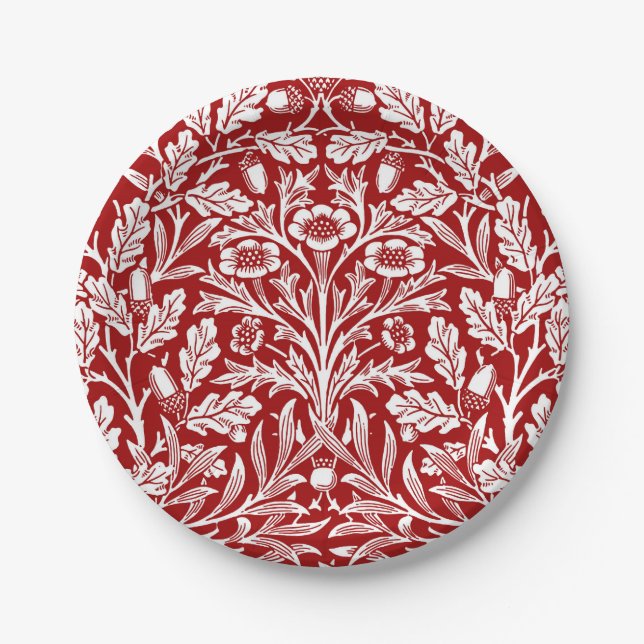 Art Nouveau Floral Damask, Dark Red and White Paper Plate (Front)