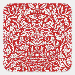 Art Nouveau Floral Damask, Deep Red and White Square Sticker