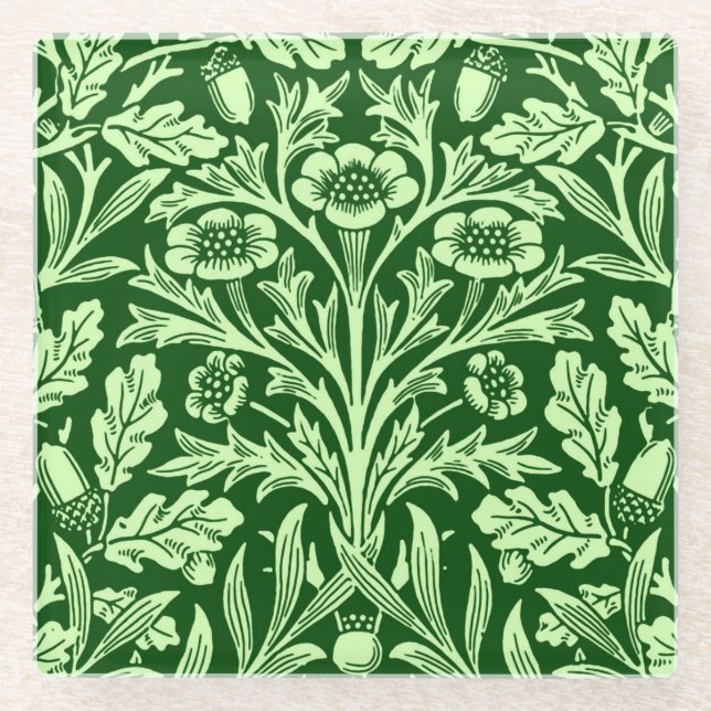 Art Nouveau Floral Damask, Emerald Green Glass Coaster (Front)