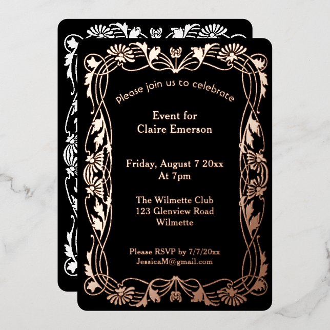 Art nouveau floral frame foil invitation (Front/Back)
