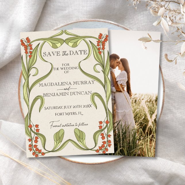 Art Nouveau Floral Frame Orange Green Photo Save The Date (Creator Uploaded)