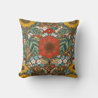 Art Nouveau Floral Garden – Sunflowers, Bee Cushion