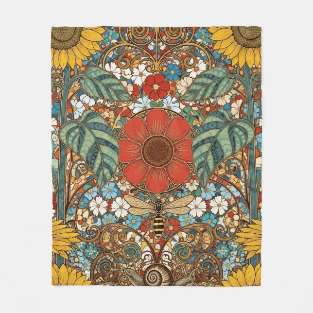 Art Nouveau Floral Garden – Sunflowers, Bee Fleece Blanket (Front)