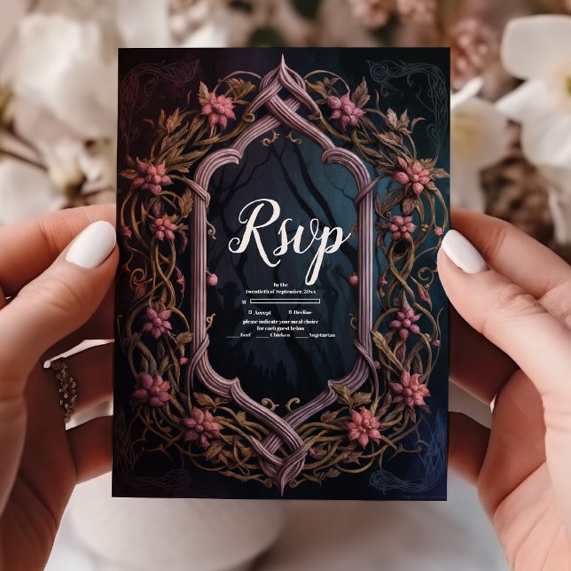 Art Nouveau Floral Gothic Halloween Wedding RSVP Card (Creator Uploaded)