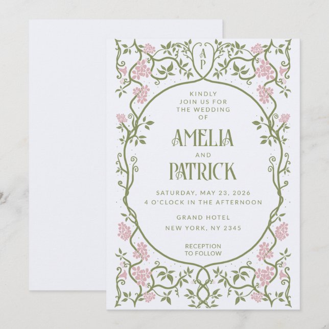 Art Nouveau Floral Green and Pink Wedding  Invitation (Front/Back)