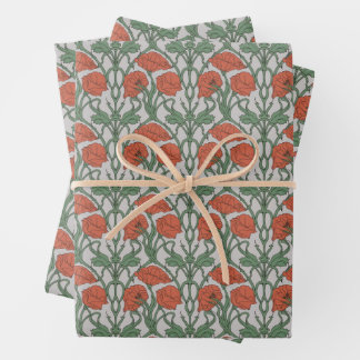 Art Nouveau Floral Green Red Poppy Wrapping Paper Sheet