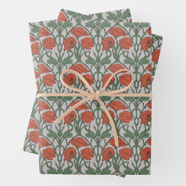 Art Nouveau Floral Green Red Poppy Wrapping Paper Sheet (In situ)