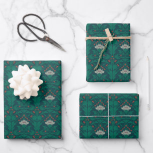 Art Nouveau Floral Green White Red Grey Wrapping Paper Sheet