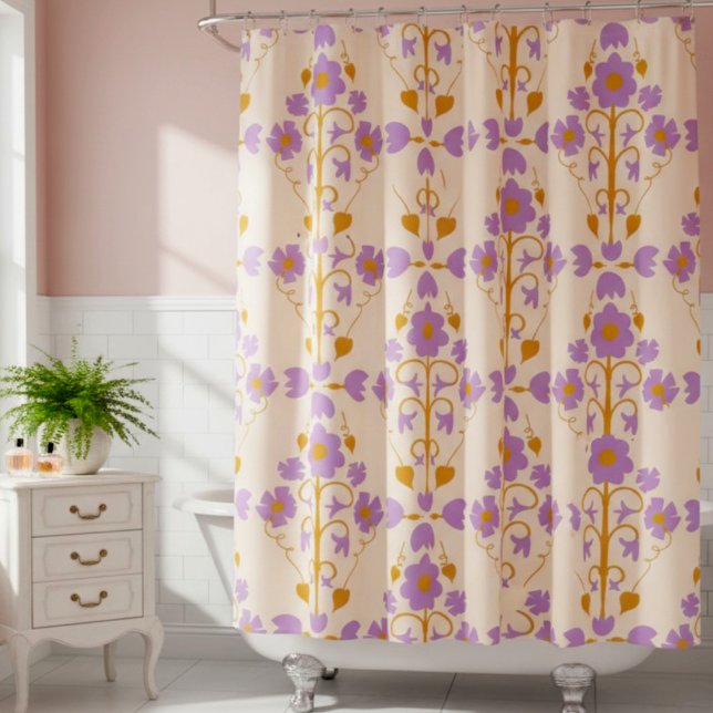 Art Nouveau Floral In Cream & Soft Purple  Shower Curtain (A splash of personality for your daily unwind. Soft pastel colors are sure to calm and sooth you.)