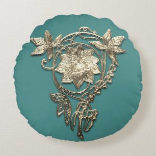Art nouveau floral jewel gold and teal green round cushion