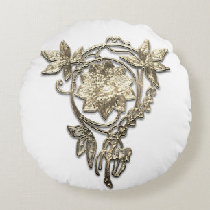 Art nouveau floral jewel Victorian gold white Round Cushion