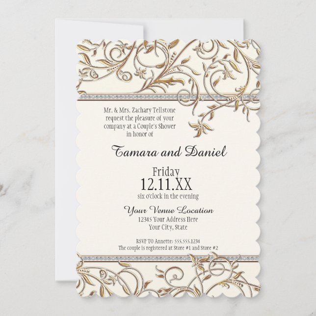 Art Nouveau Floral Leaf Swirl Jewel w Gold Look Invitation (Front)