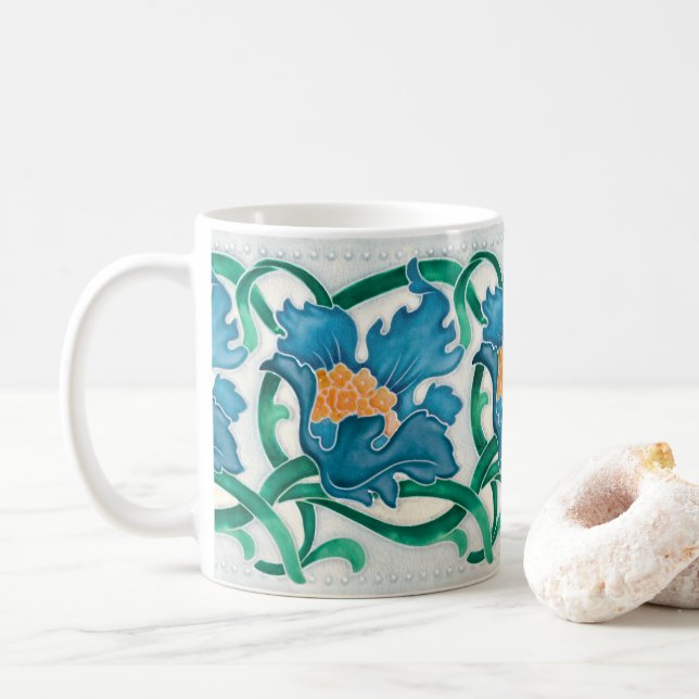 Art Nouveau Floral Majolica Faux Relief Pattern Coffee Mug (With Donut)