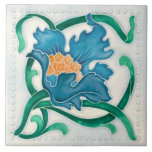Art Nouveau Floral Majolica Faux Relief Tile<br><div class="desc">This is an image of an old vintage Art Nouveau tile with a blue flower with a yellow centre,  a green stem and leaves on a white background.</div>