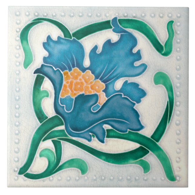 Art Nouveau Floral Majolica Faux Relief Tile (Front)