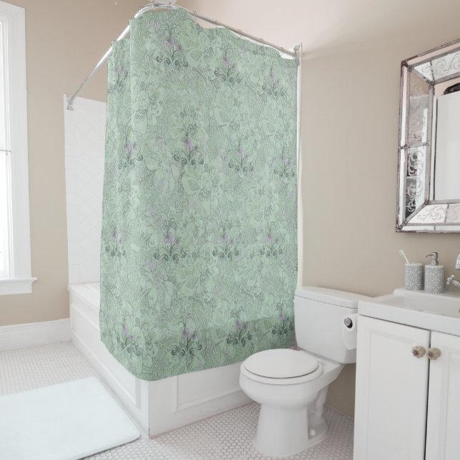 Art Nouveau Floral Pale Sage Dusty Lilac  Shower Curtain (In Situ)
