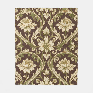Art Nouveau Floral Pattern Cream Green Scroll Fleece Blanket