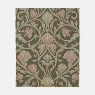 Art Nouveau Floral Pattern Dark Green Pink Vintage Fleece Blanket