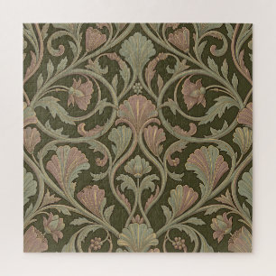 Art Nouveau Floral Pattern Dark Green Pink Vintage Jigsaw Puzzle