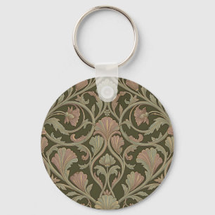 Art Nouveau Floral Pattern Dark Green Pink Vintage Key Ring