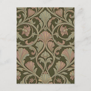 Art Nouveau Floral Pattern Dark Green Pink Vintage Postcard